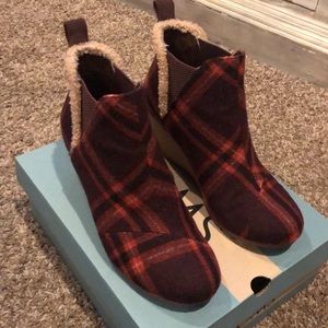 Toms Plaid Wedge Booties in Burgundy and Red with Shearling Trim